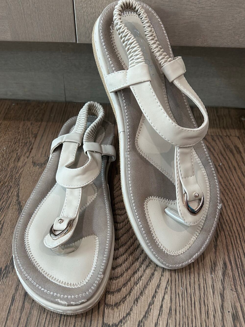 SOCOFY Bohemian T Strap Thong Sandals Beige Ankle Elastic Women Sz EU 40 US 9